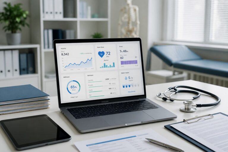 Modern AI health workspace with laptop displaying wellness dashboard, smartwatch, healthy breakfast, fitness tracker, and natural daylight in a premium home office.