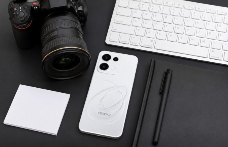 OPPO Reno 16 smartphone in a premium editorial setup highlighting its triple-camera design, AI-powered features, AMOLED display, and premium build quality.