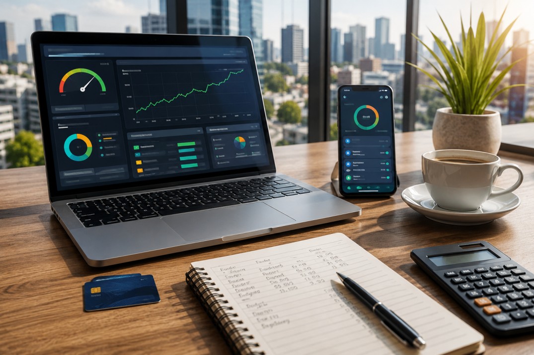 Laptop displaying a rising credit score dashboard beside a credit card, calculator, and monthly budget planner on a modern financial workspace.