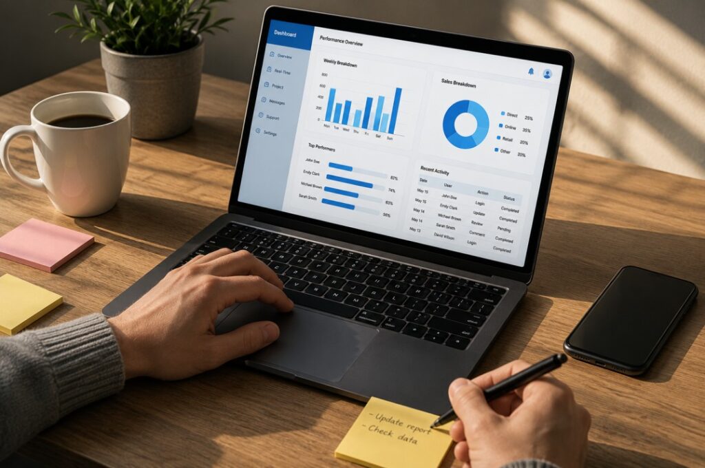 How to choose business software dashboard displayed on a modern laptop in a professional office.