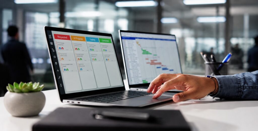 Project management software dashboard showing task management, project planning, Kanban board, Gantt chart, team collaboration, and workflow tracking.