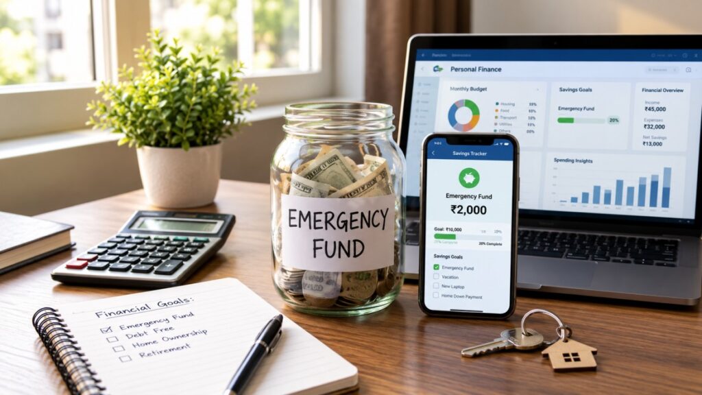 Emergency fund savings dashboard displayed on a laptop with budgeting charts, cash savings jar, calculator, and personal finance planning tools.